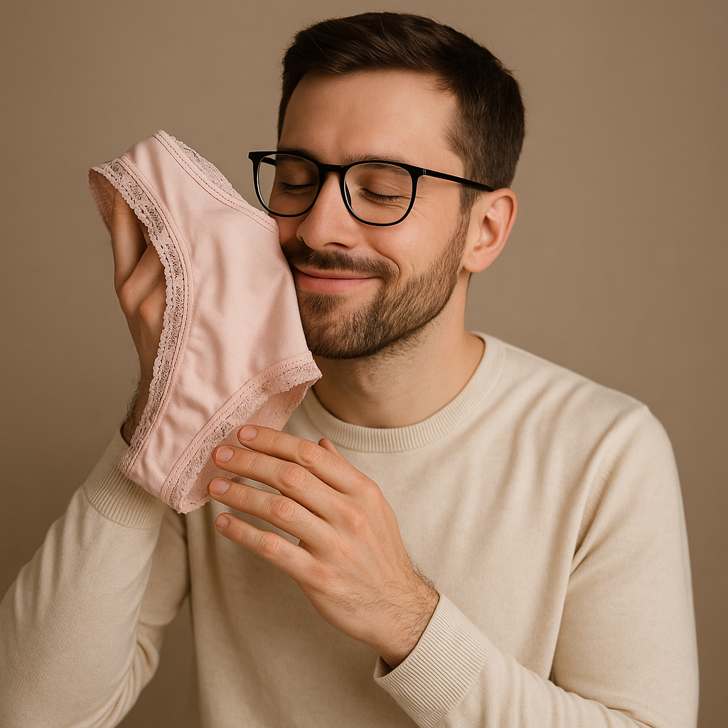 Unterwäsche von echten Frauen kaufen – Mann hält Slip mit geschlossenen Augen