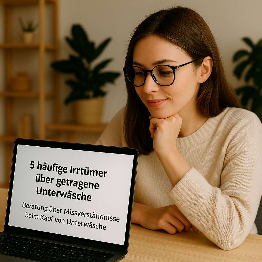 Junge Frau sitzt am Tisch und liest auf ihrem Laptop einen Artikel mit dem Titel Faktencheck getragene Unterwäsche kaufen