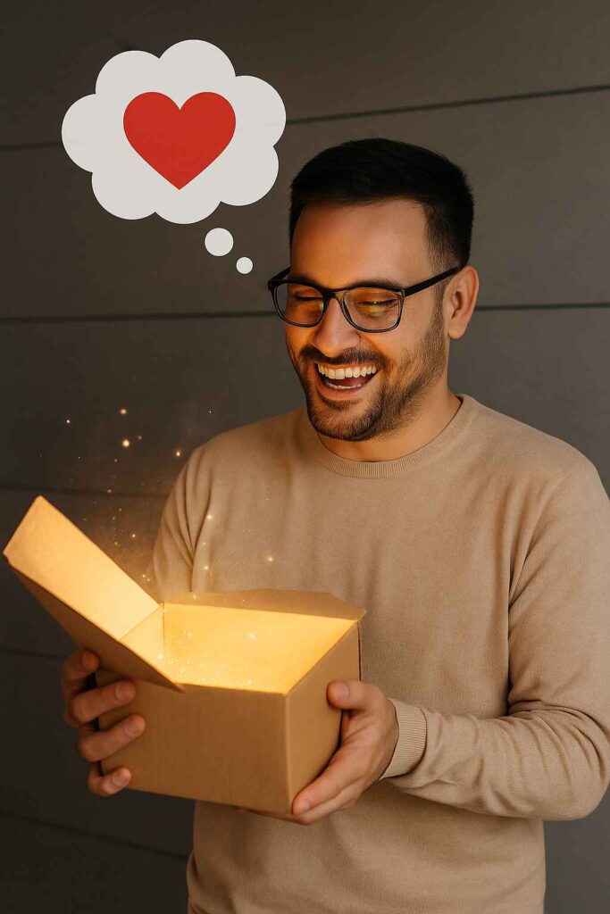 Ein Mann öffnet ein Paket mit leuchtendem Inhalt, über ihm eine Herz-Wolke – Symbol dafür, wie man getragene Slips lieben ohne sich zu schämen kann.