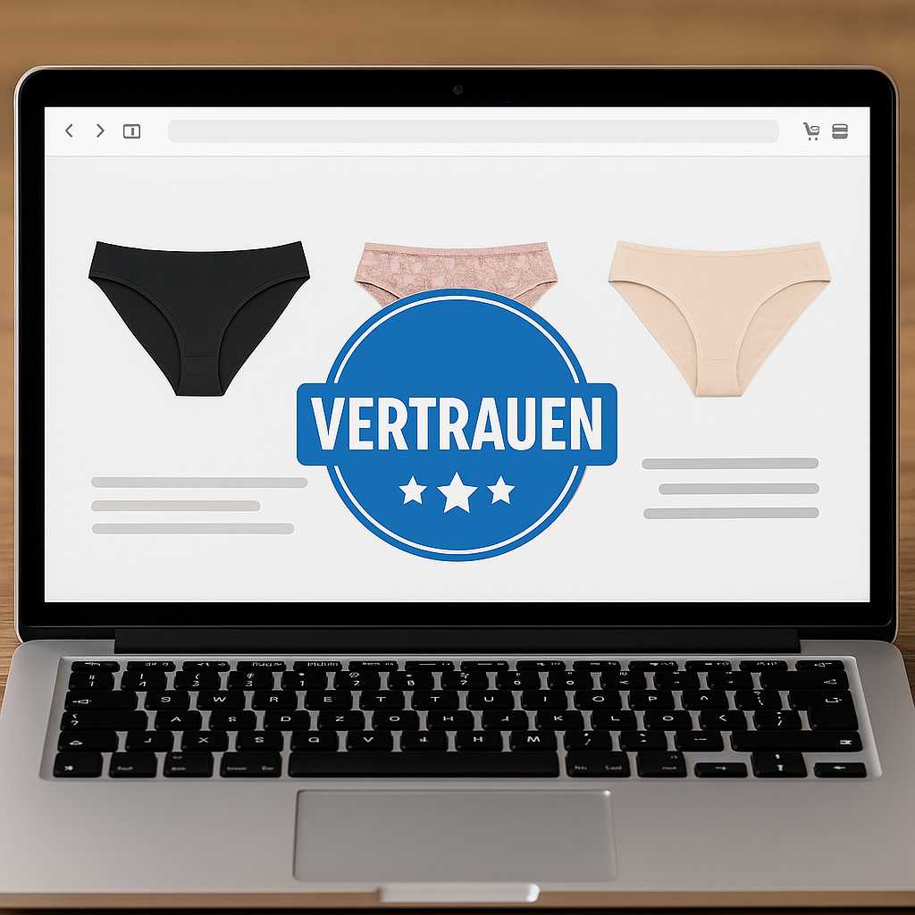Laptop zeigt Online-Shop mit Vertrauenssiegel – Symbol für Vertrauen beim Kauf getragener Slips
