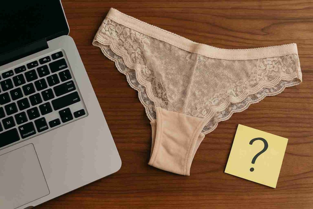 Laptop mit Notizblock und Fragezeichen – für alle, die getragene Slips sicher und richtig kaufen möchten.