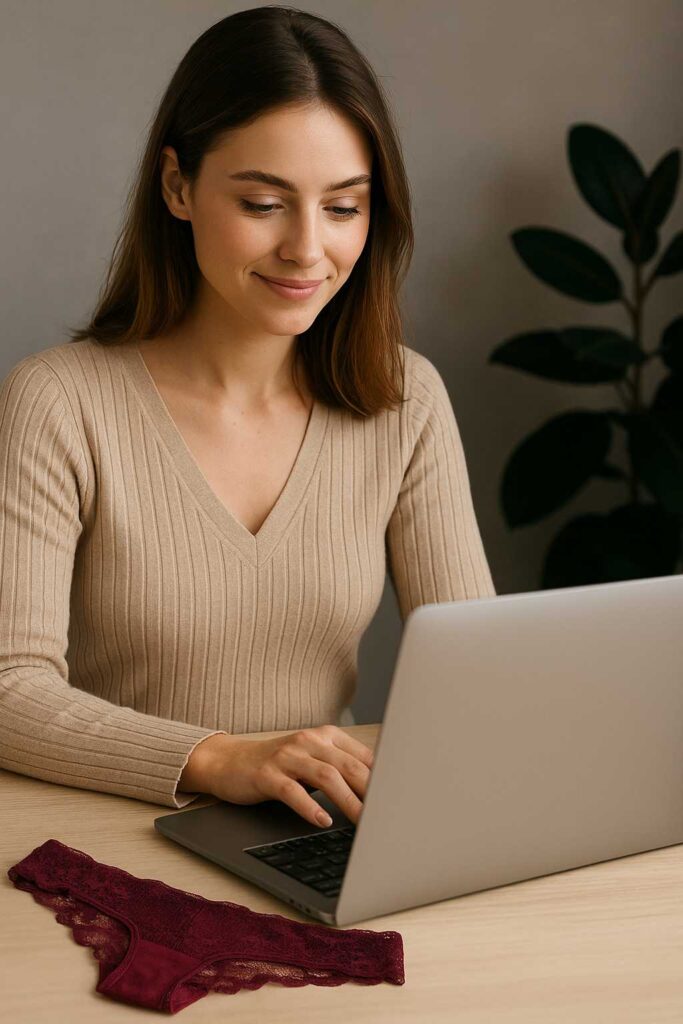 Eine Frau arbeitet am Laptop, daneben liegt ein Spitzen-Slip – Symbol dafür, wie Frauen mit getragene Slips verkaufen Geld verdienen können.
