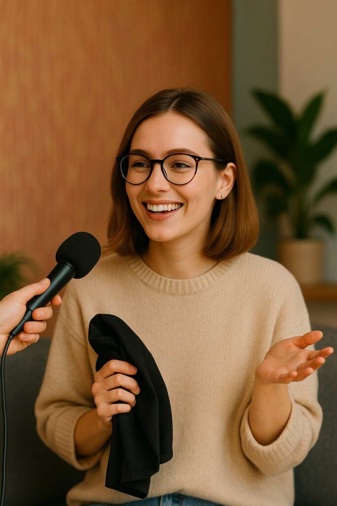 Junge Frau beim Interview über das Thema getragene Unterwäsche verkaufen – offen, ehrlich und stilvoll