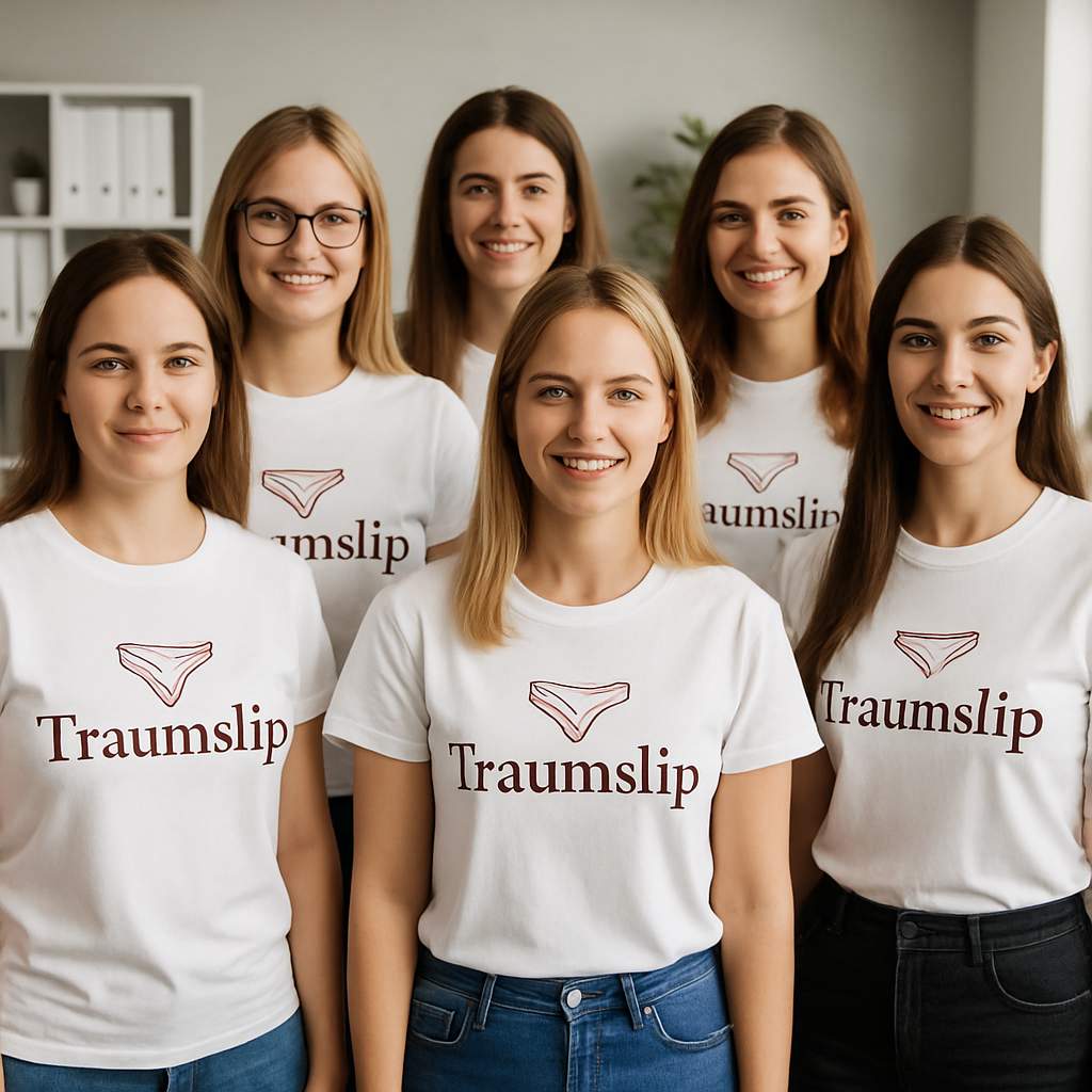 Das Team von Traumslip – sechs Frauen im weißen Shirt im Büro