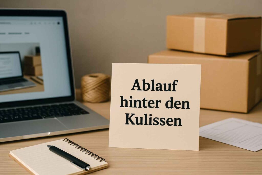 Ein Arbeitsplatz mit Laptop, Notizblock und Versandkartons – ein Blick hinter die Kulissen, wie verkauft man getragene Slips Schritt für Schritt.